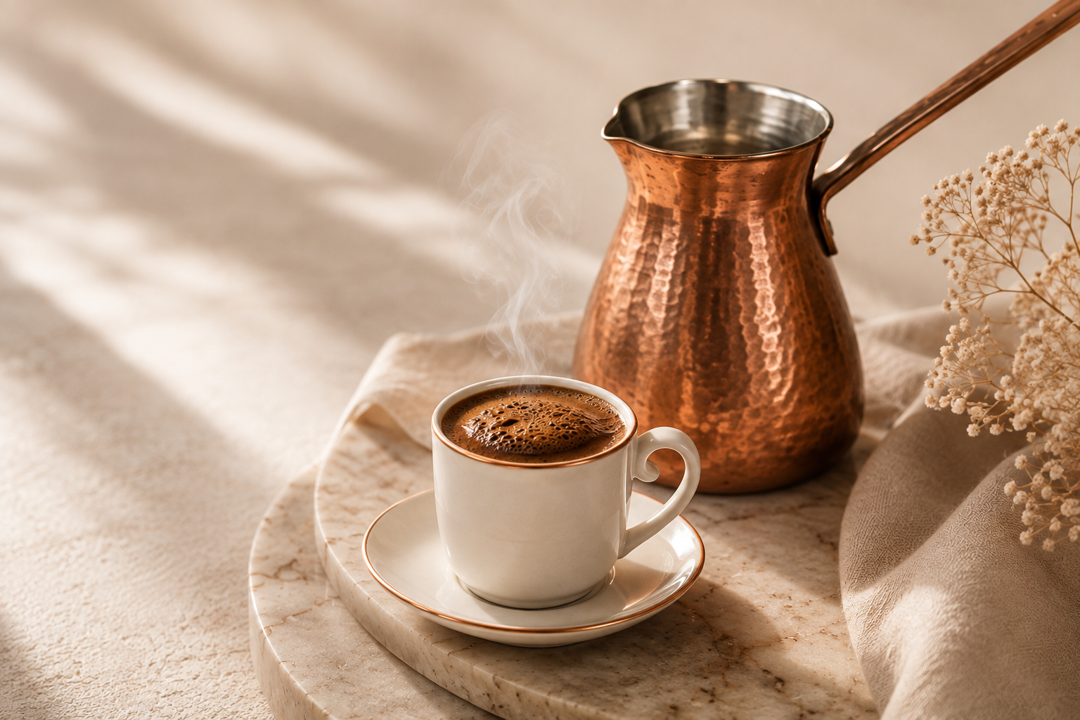 Kobber cezve og tulipanformet kop med tyrkisk kaffe på marmorbakke